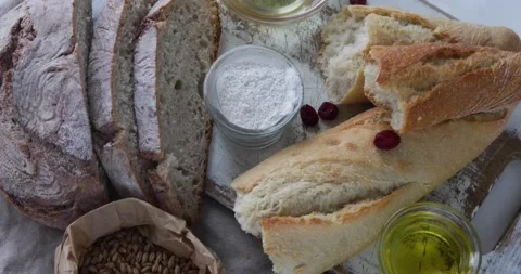 Fresh bread. Top view, rotation Stock Footage 137228465