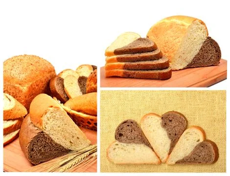 Fresh bread, wheat ears and bread slices on the wooden board Stock Photos