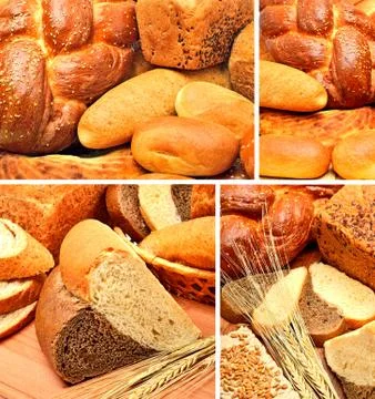 Fresh bread, wheat ears, wheat grains on the wooden background Stock Photos