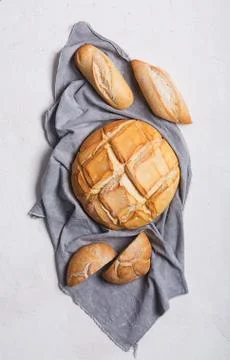 Fresh bread on a white background. Top view with copy space Fotos Stock