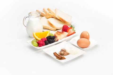Fresh breakfast with various ingredients isolated on white background Stock Photos