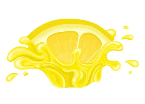 Fresh bright cut slice lemon juice splash burst isolated on white background. Stock Illustration