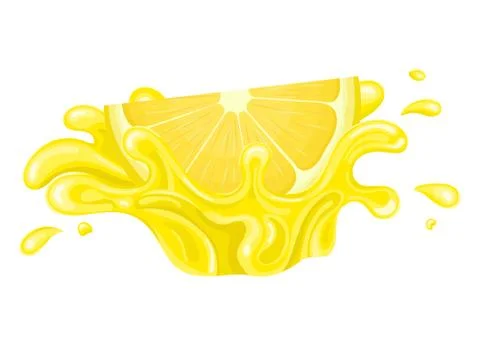 Fresh bright cut slice lemon juice splash burst isolated on white background. Stock Illustration