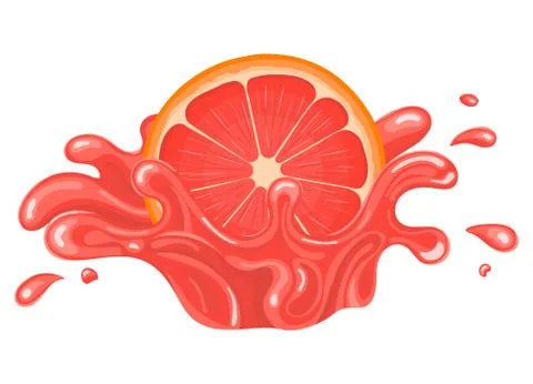 Fresh bright half cut grapefruit juice splash burst isolated on white backgro Illustrazione stock