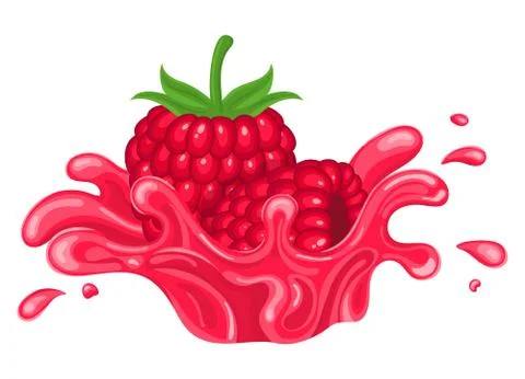 Fresh bright raspberry juice splash burst isolated on white background. Summe Stock Illustration