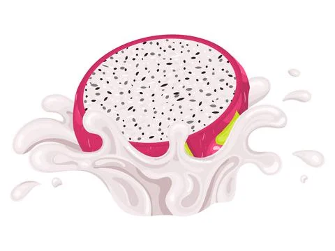 Fresh bright red half pitaya juice splash burst isolated on white background. Stock Illustration