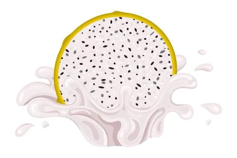 Fresh bright yellow half cut pitaya juice splash burst isolated on white back Stock Illustration