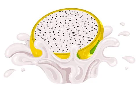 Fresh bright yellow half pitaya juice splash burst isolated on white backgrou Stock Illustration