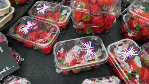Fresh British red strawberries wrapped in plastic Stock Footage 200774005