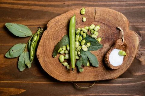 Fresh broad beans in Flat lay. Stock Photos