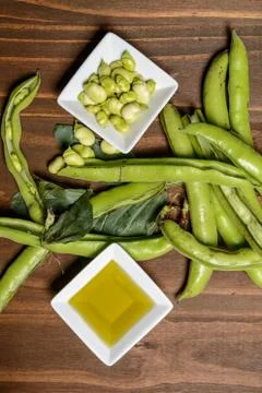 Fresh broad beans in Flat lay. Stock Photos