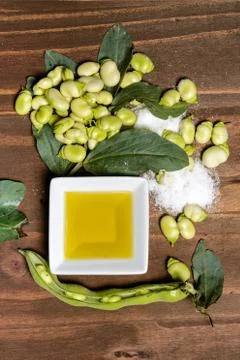 Fresh broad beans in Flat lay. Stock Photos