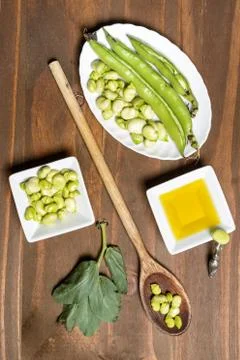 Fresh broad beans in Flat lay. Stock Photos
