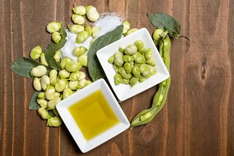 Fresh broad beans in Flat lay. Stock Photos