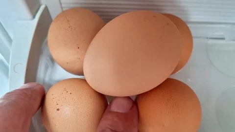 Fresh Brown Chicken Eggs Stored in Refrigerator Door Close Up Stockbeeldmateriaal 341459274