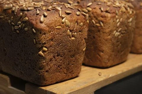 Fresh brown loaves of rye bread in the form of bricks with sunflower seeds on a 스톡 사진
