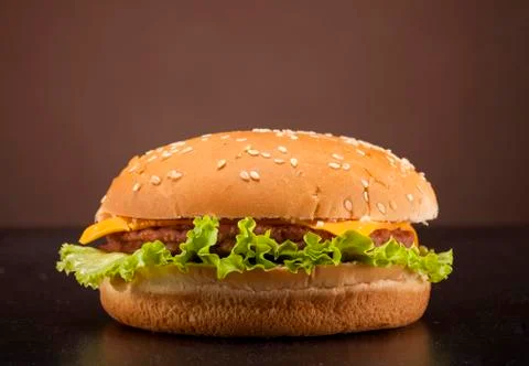 Fresh burger on brown background Stock Photos