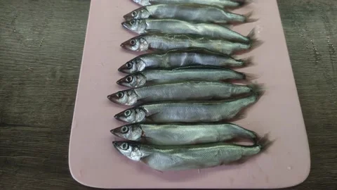 Fresh capelin fish on a cutting kitchen board Video stock 194002694