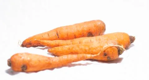 Fresh carrots are placed in a white copy space background. Food and product p Stock Photos