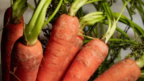 Fresh carrots falling on cutting board in slow motion Stock Footage 158307408
