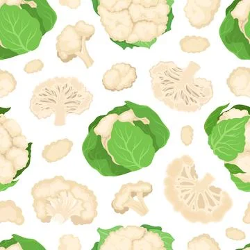 Fresh Cauliflower Seamless Pattern Design with Brassica Vegetable Head Vector Stock Illustration