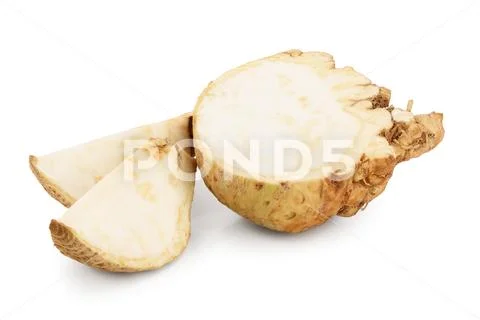 Fresh celery root half and slice isolated on white background Stock Photos