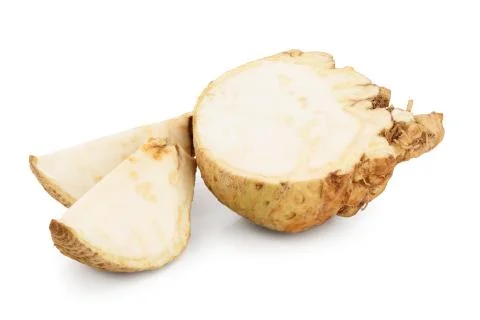 Fresh celery root half and slice isolated on white background Stock Photos