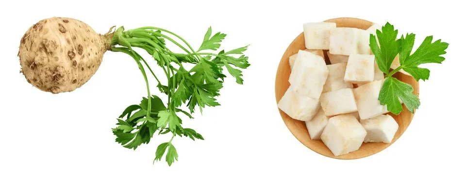 Fresh celery root with leaf isolated on white background. Top view. Flat lay Stock Photos