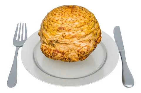 Fresh celery root on plate with fork and knife, 3D rendering Stock Illustration