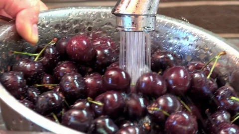 Fresh cherries being washed in a strainer above a sink Video stock 91723691
