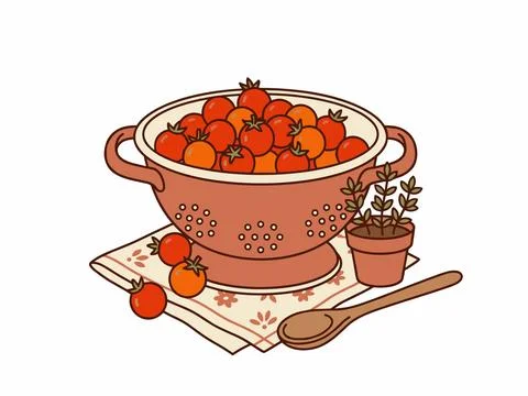 Fresh Cherry Tomatoes in Colander Rustic Kitchen Cartoon Clipart Stock Illustration