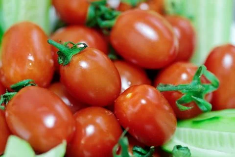 Fresh cherry tomatoes with selected focus Stock Photos