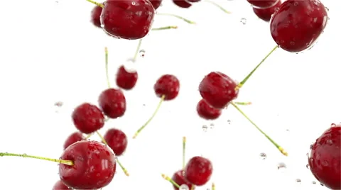 Fresh cherrys falling with water drops. Slow motion. Realistic animation.Isolate Stock Footage 68978538