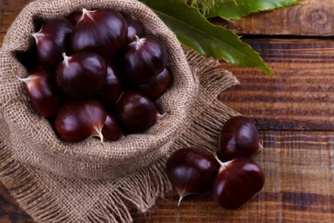 Fresh chestnuts in a sack Stock Photos