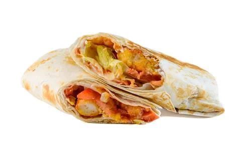 Fresh chicken caesar wrap cut in half with crispy nugget tomato and lettuce.. Stock Photos