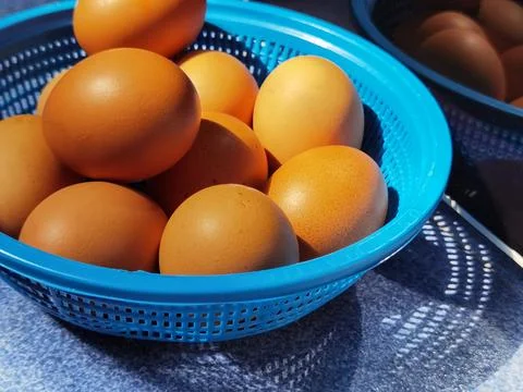 Fresh chicken egg background in blue basket Stock Photos