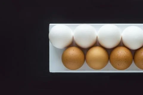 Fresh chicken egg in container on black paper background. Concept for Easter  Stock Photos