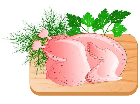 Fresh chicken lying on the kitchen board with greens Stock Illustration