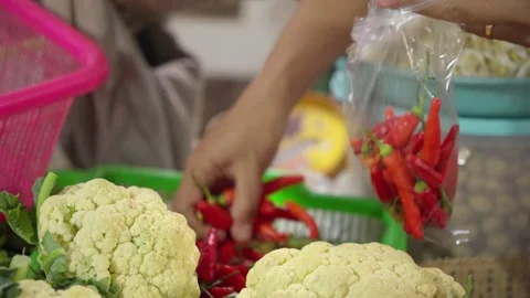Fresh Chili Peppers Being Packed into Plastic Bags Video stock 340184355