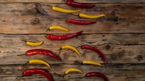 Fresh chilli pepper on the kitchen table. View from top. Space to text. Stock-Footage 125155063