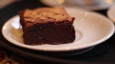 Fresh Chocolate Brownie in Cafe Stock Footage