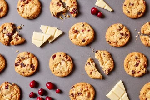 Fresh chocolate chip cookies pattern on grey background Stock Photos
