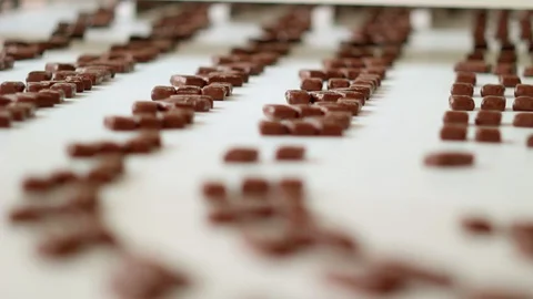 Fresh chocolates go down the conveyor. Chocolate Factory. Production of Vídeo Stock 97897077
