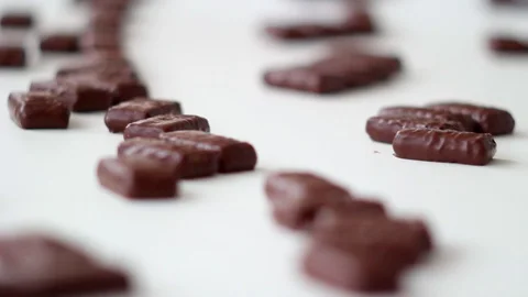 Fresh chocolates go down the conveyor. Chocolate Factory. Production of Video stock 97897121