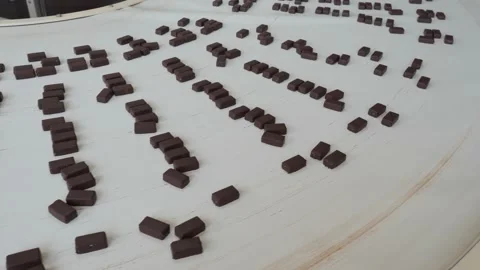 Fresh Chocolates Go Down The Conveyor. Chocolate Factory. Production Of Video stock 146160894