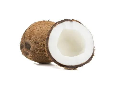 Fresh coconut with brown shell and white flesh Stock Photos