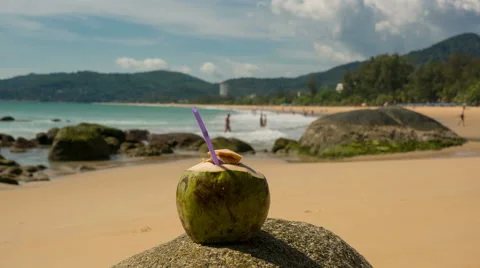 Fresh coconut with drinking straw on tropical beach, Time Lapse Stock Footage 63313539