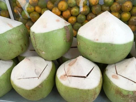 Fresh Coconuts Slightly Cut Open Lid Stock Photos