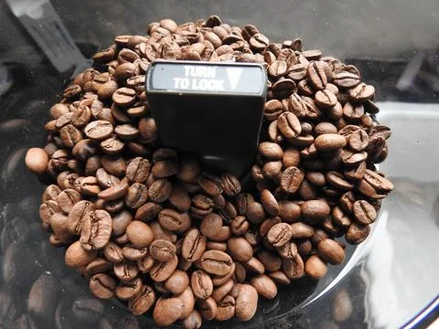 Fresh coffee beans in grinder Stock Photos
