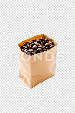 Fresh coffee beans overflowing from brown paper bag PSD Template